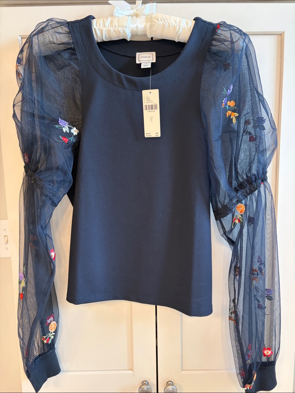 Maeve Navy Top with Sheer Embroidered Puff Sleeves Never Worn